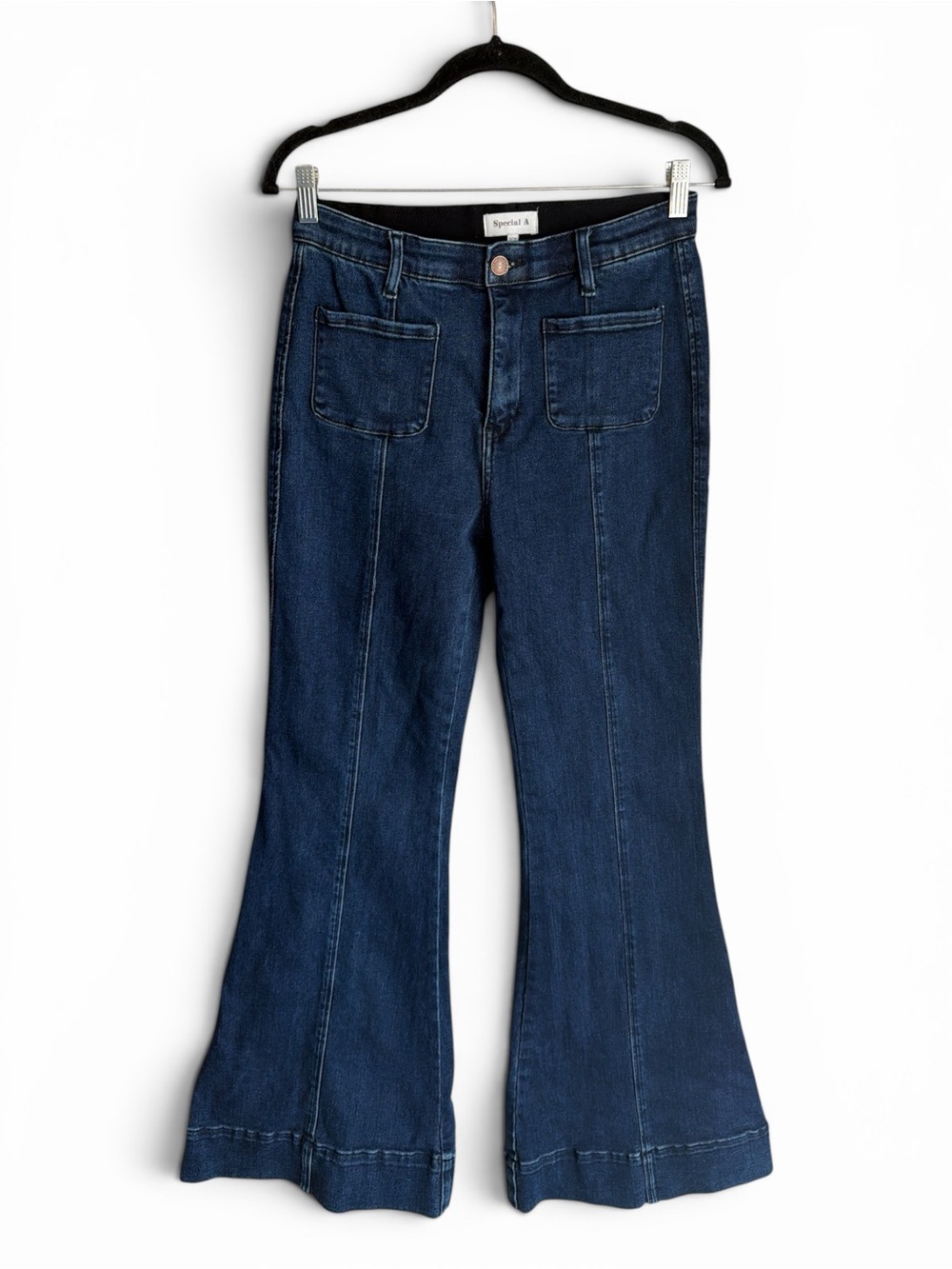 Special A Super Flare Jeans Size 11/30 Dark Wash Stretchy High Wasted Banded Hem - Picture 4 of 16